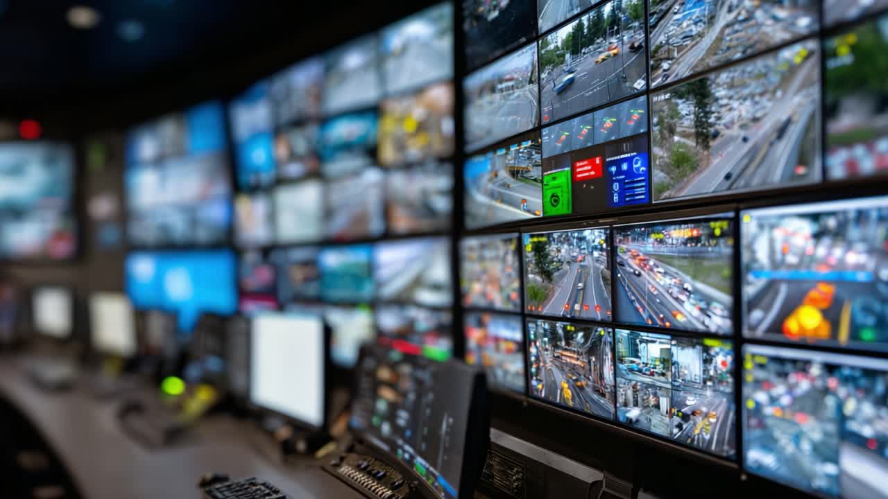 Panoramica Sala di Controllo: Uno sguardo alla tecnologia di sorveglianza avanzata per la gestione e il monitoraggio del traffico in tempo reale con display visivi multipli.