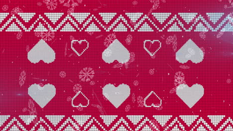 animation of snowflakes falling over red christmas pattern