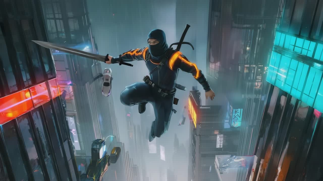 Futuristic Ninja Leaping Across a Cyberpunk Cityscape