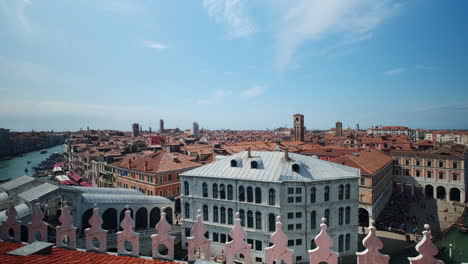 slow dolly forward shot over beautiful historic cityscape of venice during wonderful sunny day with blue sky