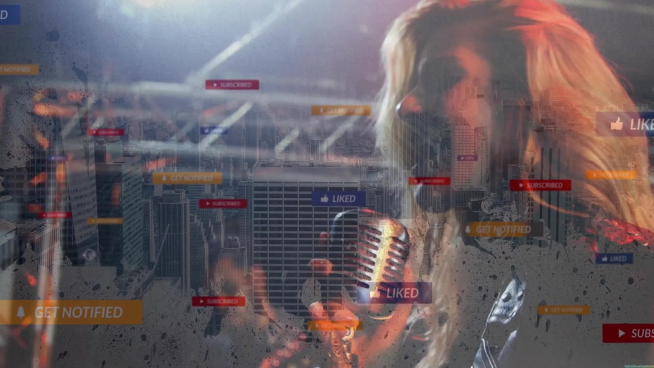 Female music singer holding mic, performing while UI labels appearing over singer and adding likes