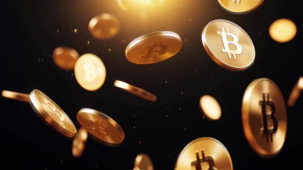 Bitcoin in rotazione su sfondo nero drammatico 4k
