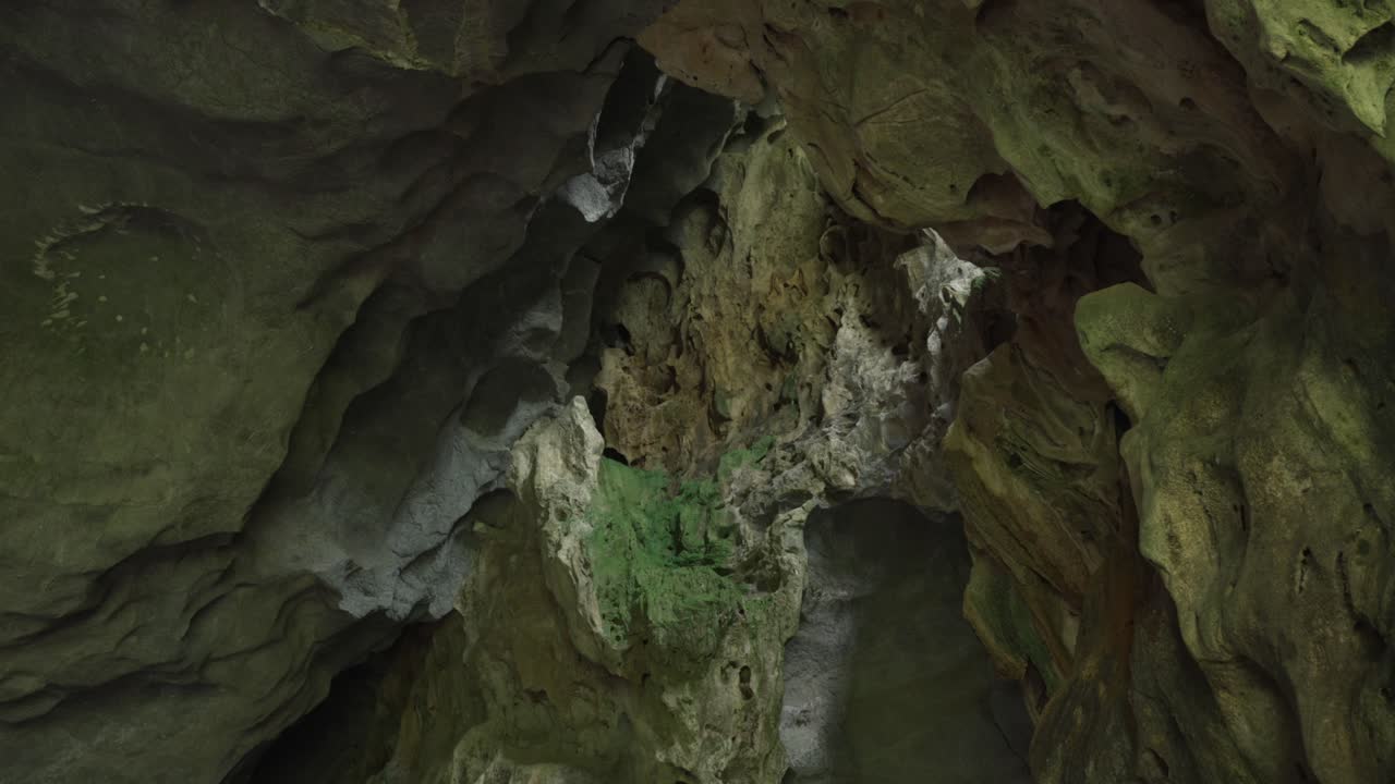 Interior of Military Hospital Cave on Cat Ba Island, Vietnam, looking up at the green limestone ceiling