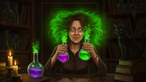 a distressed sorceress experiments with potions in a dark alchemy lab, surrounded by green smoke, eerie candles, and a watchful black cat