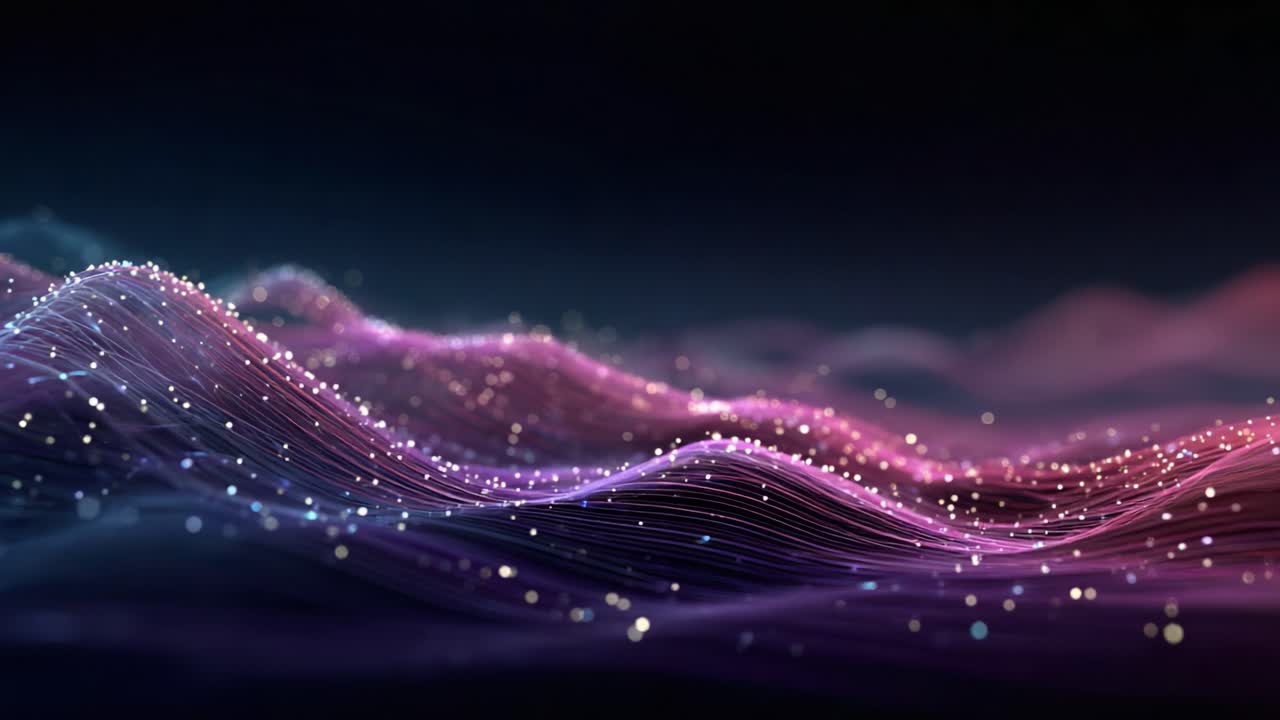 A Visual Symphony of Waves: Mesmerizing Flowing Lines Intertwined with Glimmering Lights Create an Enchanting Digital Landscape Full of Energy and Motion