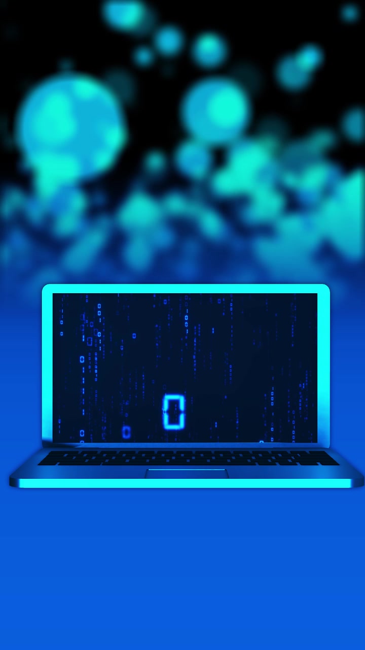 Laptop digital code screen background with blue binary rain glowing cyan computer frame and blurred