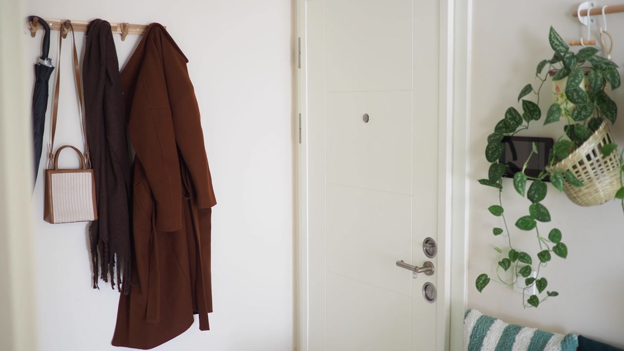 Cozy Home Entryway with Coat Rack and Decorative Plants
