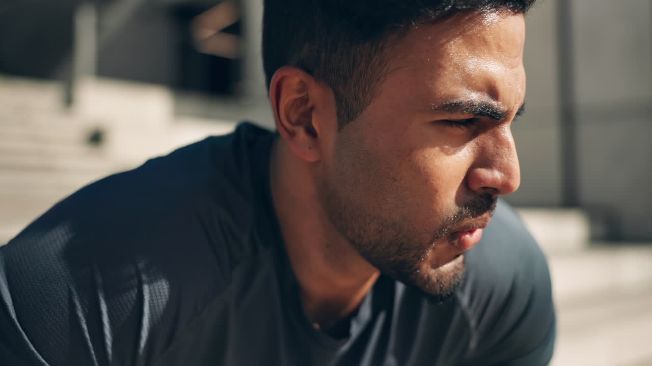 Man, face and catch breathe from workout