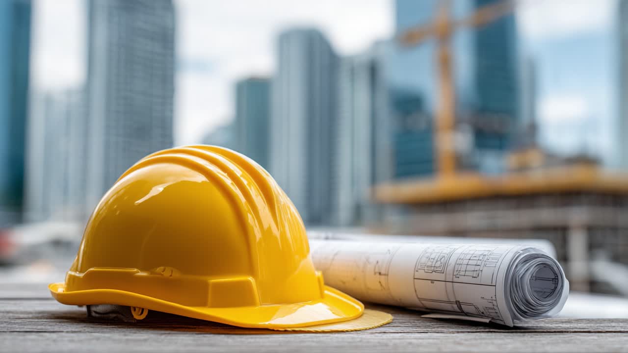 A Yellow Hard Hat and Architectural Blueprints Resting on a Table with a Construction Site Background, Symbolizing Construction and Engineering Progress