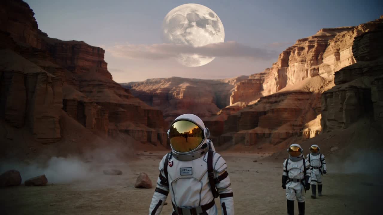 En ledende astronaut træder frem og fører sit mandskab gennem en kløft, iført hvide dragter og guldvisirer.