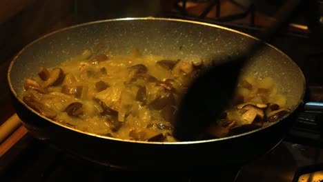 mixing mushrooms and sour cream sauce on hot pan with steam comming out