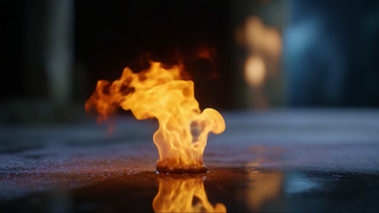 Fiamme accattivanti che si innalzano dalla superficie dell'acqua: una visualizzazione dinamica del fuoco e del riflesso del fluido che raffigura la danza degli elementi in un'incantevole esperienza visiva