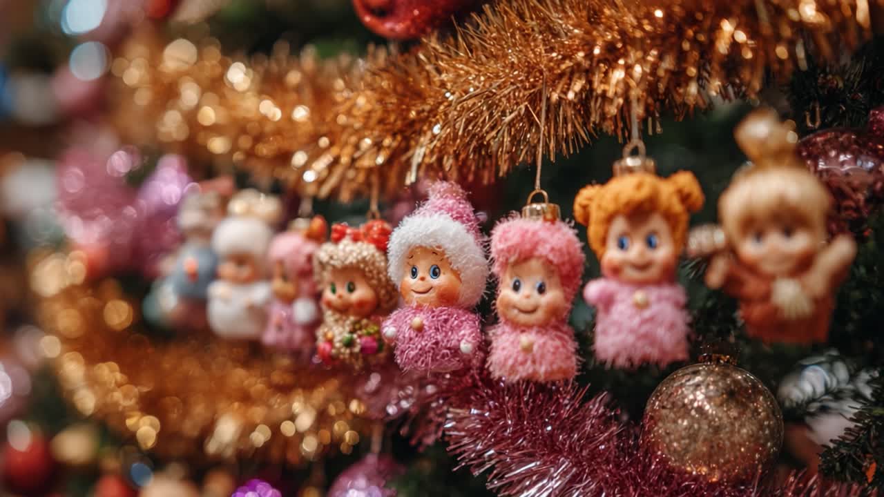 Colorful and Cheerful Vintage Christmas Ornaments Adorning a Festive Tree, Capturing the Joy and Essence of the Holiday Season in Each Unique Character
