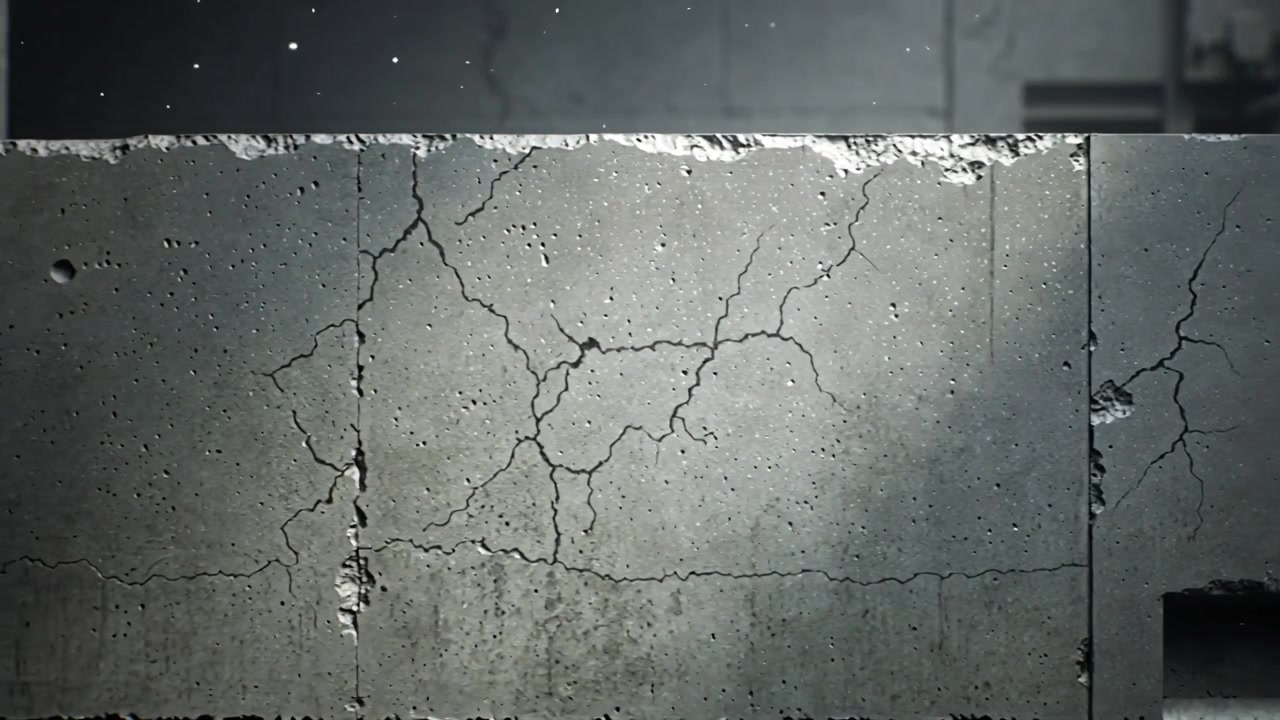 Telecamera in movimento che svela un pannello di cemento, mettendo in risalto crepe e condotti in un bunker polveroso.