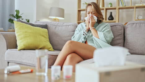 asian woman, tissue and blowing nose in home