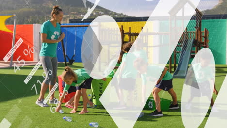 animación de gráficos de procesamiento sobre diversas maestras y niños reciclando en el patio de recreo