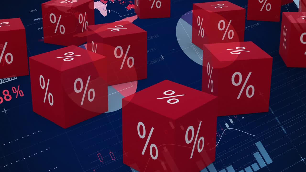 animación de cubos rojos con signo de porcentaje sobre gráficos y estadísticas