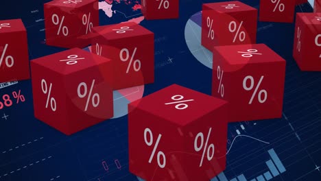 animación de cubos rojos con signo de porcentaje sobre gráficos y estadísticas