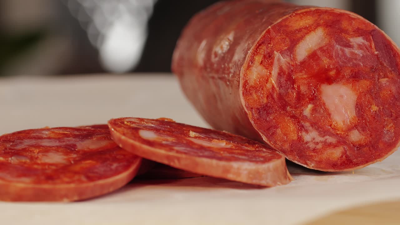 Mix of spanish pork sausages, Cutting board of appetizing catalonian snack - fuet, jamon, chorizo, olives, supermarket tapas food in spain, traditional cuisine.
