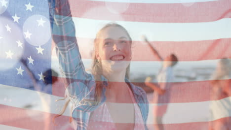 Animation-Der-Flagge-Der-USA-über-Glücklichen,-Unterschiedlichen-Freunden-Am-Strand-Im-Sommer