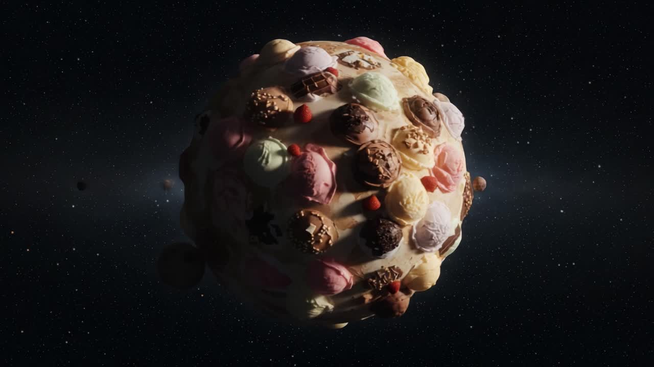 Uma deliciosa sobremesa cósmica: explorando um planeta extravagante coberto de sorvete e coberturas, flutuando entre estrelas em uma bela galáxia
