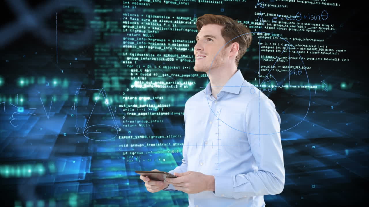 animación de un hombre caucásico usando una tableta digital sobre lenguaje de programación, ecuaciones matemáticas