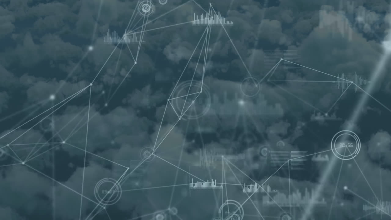 Animatie van rode deeltjes boven een netwerk van verbindingen en gegevensverwerking tegen wolken in de lucht.