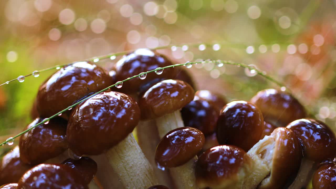 hongos armillaria de agarico de miel en un bosque soleado bajo la lluvia.