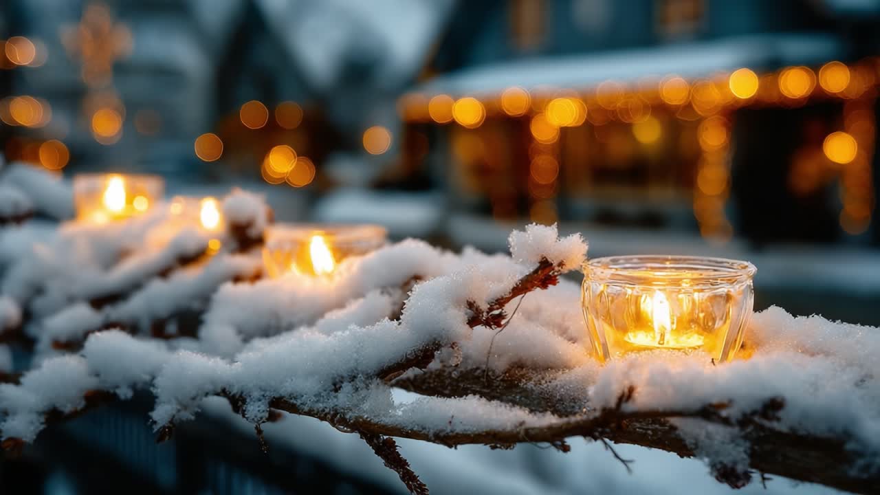 Enchanting Winter Evening: Illuminated Candles Adorn Snow-Covered Branches in a Cozy Holiday Setting, Creating a Warm and Magical Atmosphere