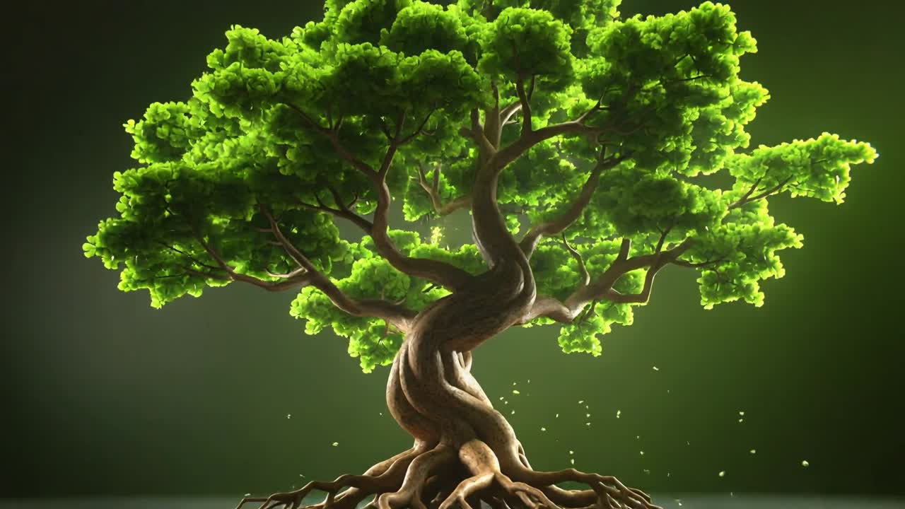 Uno smartphone viene rivestito di metallo, con un nucleo verde brillante che scintilla e forma un albero bonsai, una demo tecnologica.