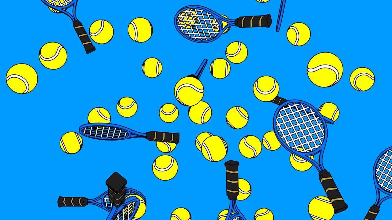 푸른 바탕에 푸른 스타일의 테니스 공과 푸른 테니스 래켓.