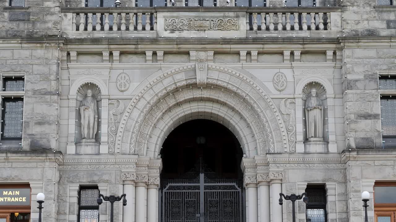 Main entrance of the Parliament Buildings in Victoria, Canada, British Columbia.