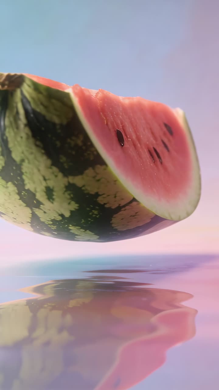 Vertical video: Turning watermelon wedge bobbing above glossy tabletop on loop, showing seeds