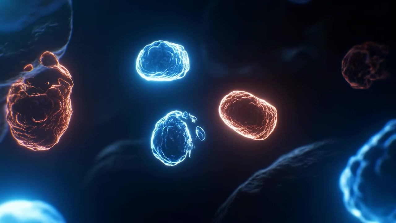 Forme astratte simili a cellule fluttuano su uno sfondo scuro, con una forma blu brillante vicino al centro-sinistra e forme arancioni calde che la circondano. Luce soffusa, sfocatura