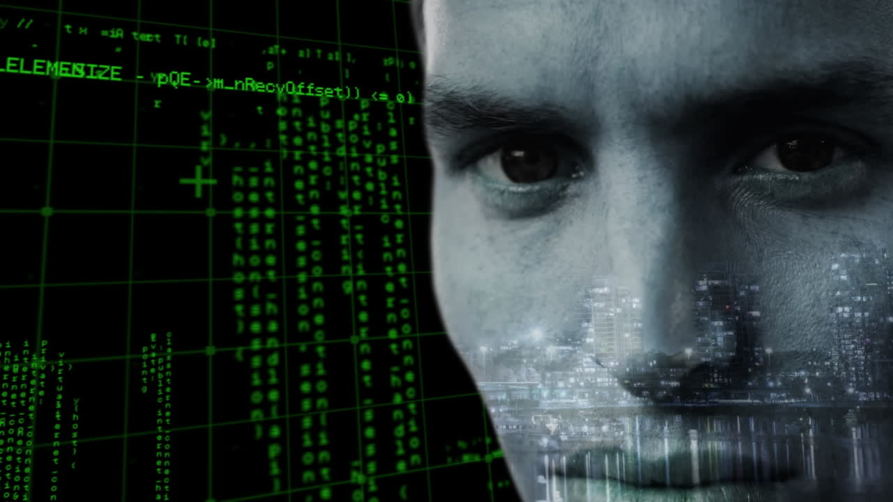 animación de la cara del hombre caucásico sobre el procesamiento de datos en fondo negro
