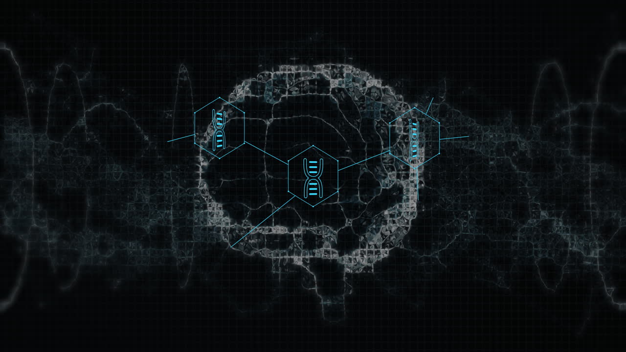 Animation of medical icons and brain on black background