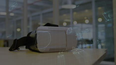 animación de ecuaciones matemáticas sobre auriculares vr en la mesa