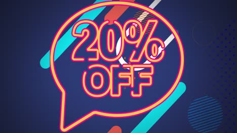 animation of 20 percent off text over a speech bubble against abstract shapes on blue background
