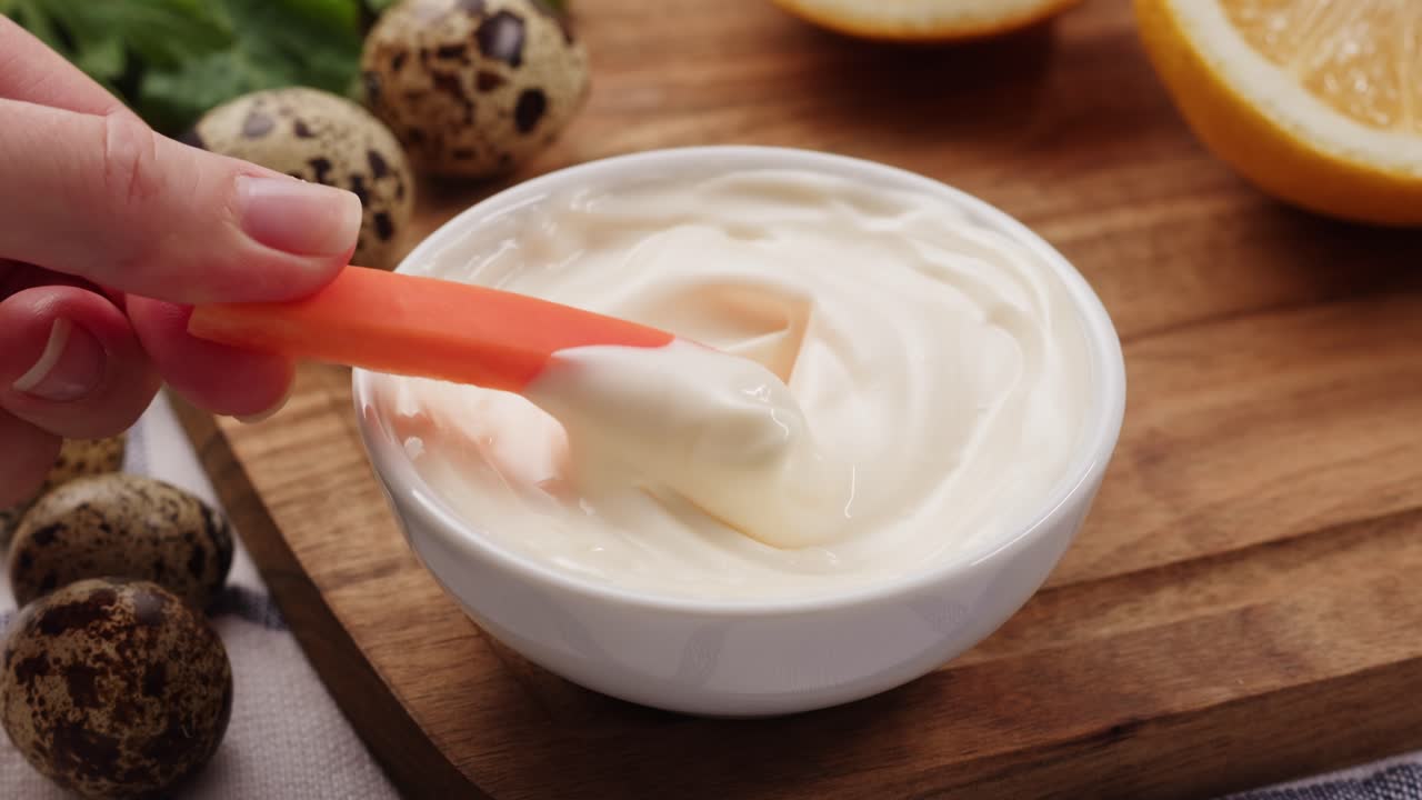sumergiendo un palo de zanahoria en la mayonesa