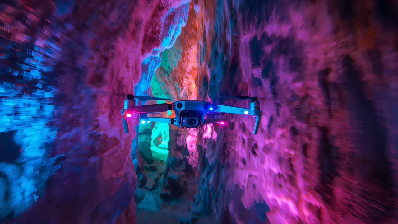 Flying mini drone navigating cave tunnel toward blue-lit opening, motors spinning, LEDs blinking