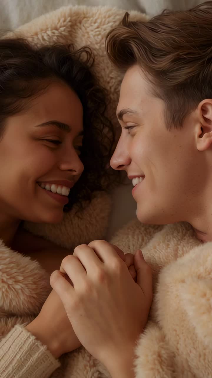 Video verticale: una coppia in accappatoio a letto si guarda dolcemente negli occhi e sorride, con le mani giunte in segno di amore