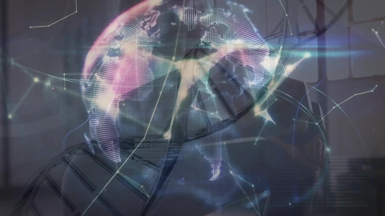 Animation of network of connections over woman wearing vr headset