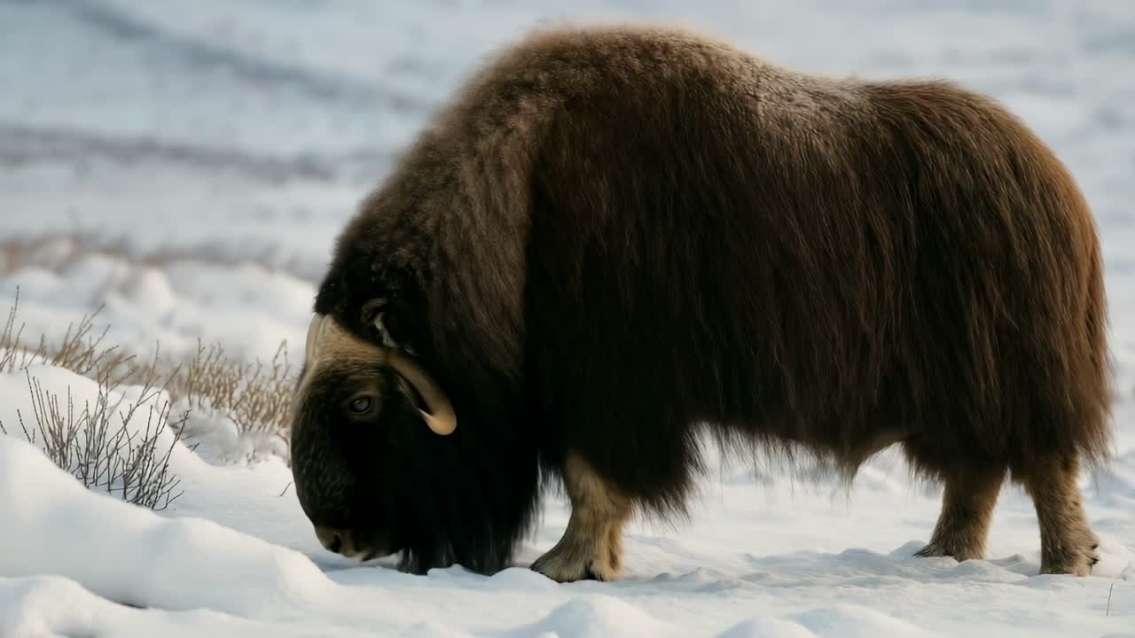 Side view of a musk ox grazing in snowy terrain, captured in a serene, natural setting
