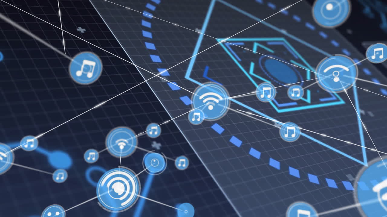 Music and wireless connectivity icons animation over digital grid background