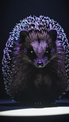 A hedgehog illuminated in dramatic lighting, captured from a low-angle
