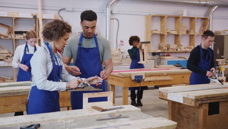 Nachhilfelehrer-Mit-Tischlerstudent-In-Der-Werkstatt,-Der-Für-Eine-Ausbildung-An-Der-Hochschule-Mit-Holzhobel-Studiert