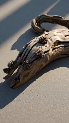 textured driftwood with organic growths in sunlight