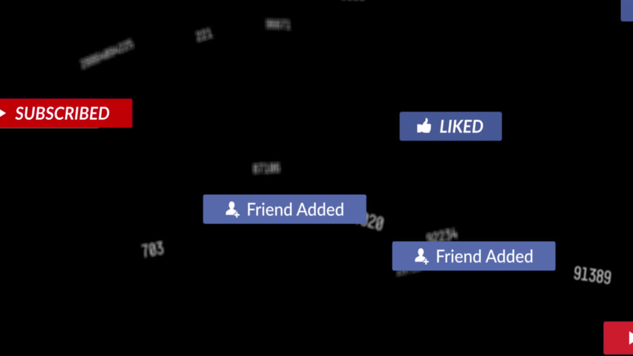 여러 번 바뀌는 숫자와 검은 바탕에 떠다니는 소셜 미디어 배너