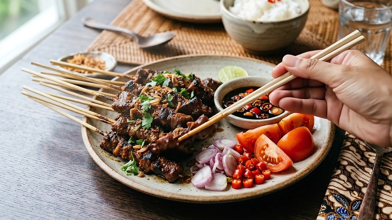 Sate Sapi Gourmet Indonesia Disajikan dengan Bumbu Saus Kacang dan Nasi