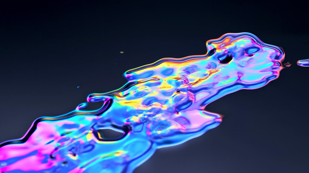 Iridescent Neon Liquid Flowing Across Dark Surface, Glossy Oilslick Ripples Catching Rainbow Highlights Slow